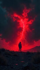 Fototapeta premium A lone figure stands silhouetted against a stormy, blood-red sky, a chilling scene of impending doom The desolate landscape amplifies the sense of unease and isolation , storm, sinister, forboding