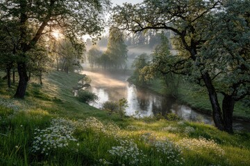 Naklejka premium Misty river valley at dawn, sunbeams through trees