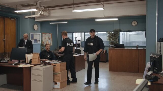 Police team in a station working on case files