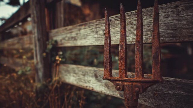 Rusted three-pronged pitchfork rests against weathered wooden fence, blurred background hinting at rural setting
