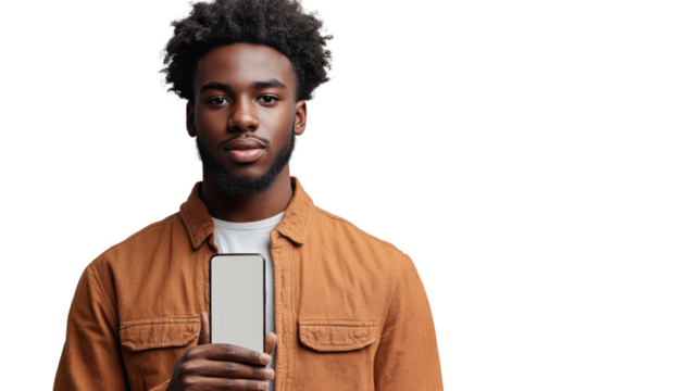 A mobile phone in the hand of an African American isolated on white background