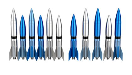 Array of missiles ready for launch, various colors and perspectives.