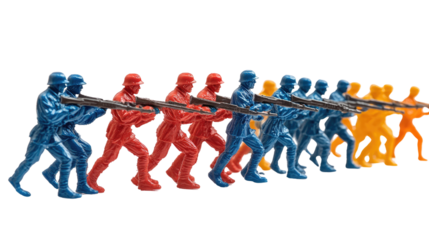 A war battle of toy soldiers isolated on white background