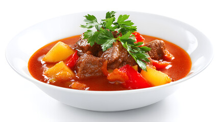 Delicious High Resolution Image of Authentic Hungarian Goulash with Vegetables and Fresh Herbs