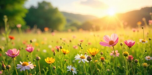 Obraz premium A serene, sun-drenched field of wildflowers gently swaying in the breeze, a peaceful summer scene Perfect for nature, travel, or relaxation themed projects , wallpaper, element