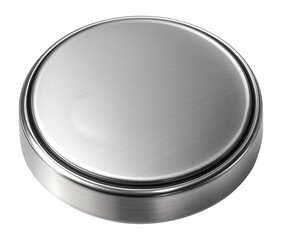 Coin cell battery with a flat, round shape and metallic surface