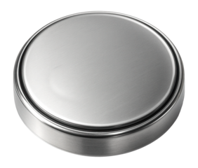 Coin cell battery with a flat, round shape and metallic surface