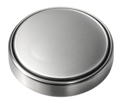Coin cell battery with a flat, round shape and metallic surface