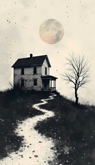 old house on hill with dry tree on cream minimalist background