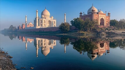 Panoramic view of the Taj Mahal reflecting perfectly in the Yamuna river under a clear blue sky