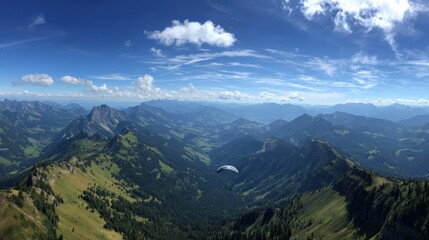 Paragliders soaring above the green Alps valleys on a warm summer day with expansive views of the mountain range