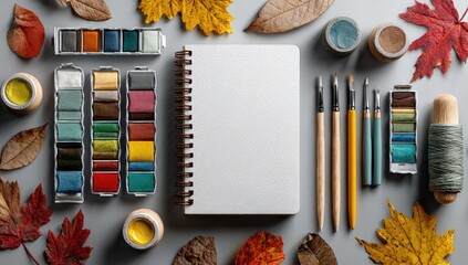 Art supplies, autumnal leaves, blank notebook