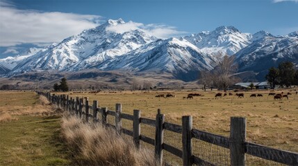 Pastoral landscape featuring a wooden fence dividing green fields with cows grazing and snow-covered mountains creating a picturesque New Zealand scene
