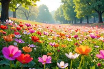 Fototapeta premium Vibrant Spring Field of Blossoming Tulips and Flowers A Breathtaking Tapestry of Natures Beauty