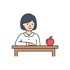 Smiling girl sits at desk, red apple beside her.