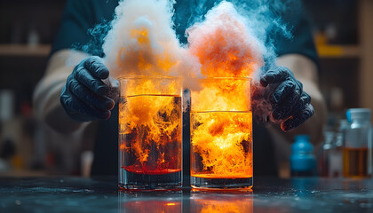 Colorful liquid experiment with smoke and fire in glassware