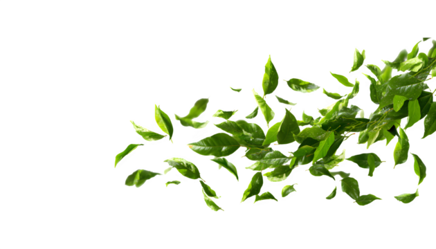 Green leaves swirling and moving gracefully through the air