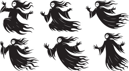 Halloween Ghostly Figures, Set of 6 Hand-drawn Ghosts for Creepy and Spooky Themes