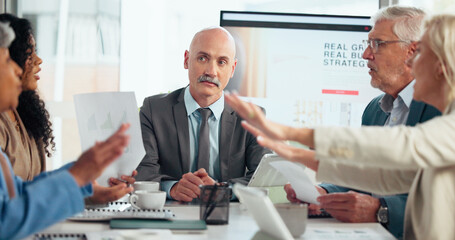 Discussion, documents and meeting with business people in office boardroom for growth or strategy. Conversation, disagreement and paperwork with employee team in workplace for conflict resolution