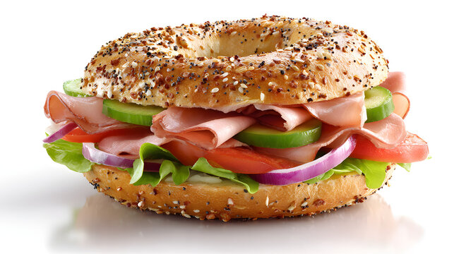 Delicious Bagel Sandwich Loaded with Fresh Vegetables and Layers of Meats Ready for a Flavorful Bite