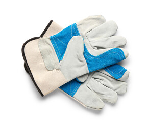 Gloves on white background. Gardening tools. Top view