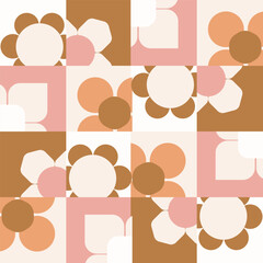 Abstract geometric floral pattern with flowers arranged in mosaic tiles in colors of brown, pink, orange, off white and beige. Botanical seamless vector pattern. Great for homedecor, fabric, wallpaper