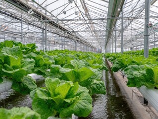 Inside large greenhouse with rows of vibrant lettuce plants, hydroponic system