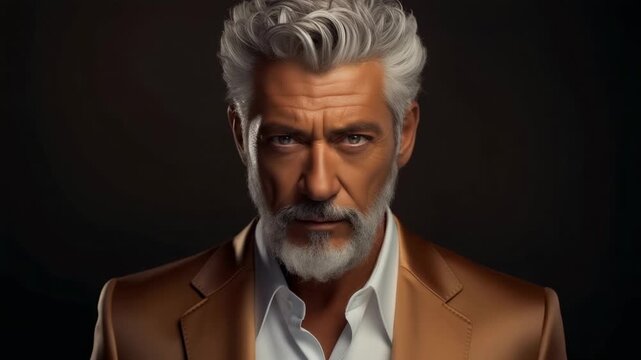 Confident older man with gray hair showcasing style in a tailored suit against a dark background