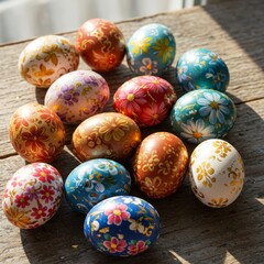 Colorful Floral Decorated Easter Eggs on Wooden Table