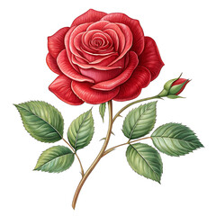 Elegant Red Rose with Bud and Green Leaves Detailed Botanical Illustration for Valentines Day and Special Occasions