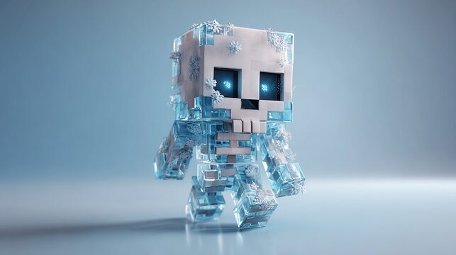 A pixelated ice skeleton figure, cubic in form, with a skull head, glowing blue eyes, and frost covering its translucent body, stands on a light blue surface