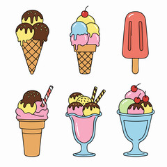 Assortment of ice cream cones, sundaes, and popsicles in a flat design style, showcasing a variety of colorful frozen dessert illustrations.