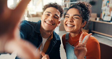 Portrait, team and people in small business, selfie or photography for social media marketing or web. Woman, smile and man with peace sign for picture, logistics or brand identity for online shop