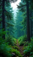 Obraz premium Lush, evergreen pine tree forest background Perfect for Christmas, nature, or winter themed projects Deep green needles and towering trunks create a serene, natural scene , sunlight, branches