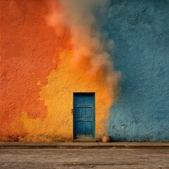 Vibrant door on a colorful wall, smoke rising