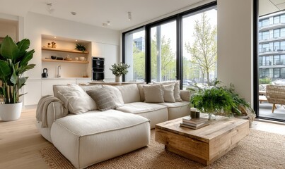 Cozy modern apartment living room featuring a sectional sofa and kitchen