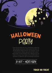 Halloween party invitation card template background. Poster halloween with scenes of haunted houses, graves, moons, bats.