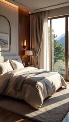 Fototapeta premium Luxurious master bedroom with plush bedding, elegant drapes, and a stunning view from the large window High-end furniture and soft lighting create a serene atmosphere , white, pillows