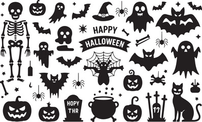 Halloween Themed Illustrations with Skeletons, Pumpkins, and Bats, Perfect for Seasonal Designs