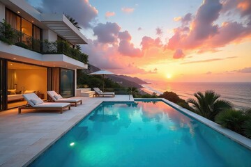 Fototapeta premium Luxury villa with private pool and stunning ocean views Perfect for a relaxing getaway or family vacation Enjoy breathtaking sunsets and tranquil surroundings , tropical, vacation