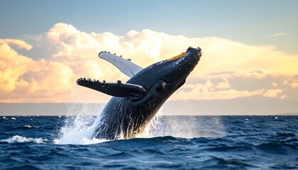 Fototapeta premium Humpback whale breaching in ocean at sunrise