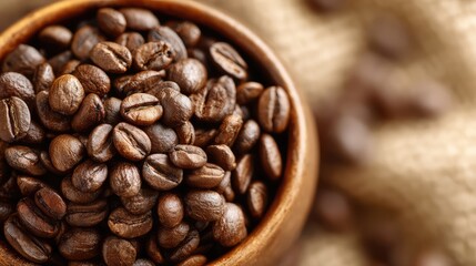 Fototapeta premium Freshly roasted coffee beans in a bowl, steaming with warmth, evoking a cozy rustic atmosphere.