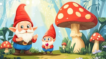Gnomes in forest with mushrooms