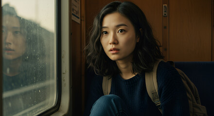 Young Asian woman looking through rainy train window, pensive and thoughtful on journey