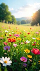 Obraz premium Sun-Drenched Meadow Vibrant Wildflowers in Full Bloom Swaying Gently in a Spring Breeze, Idyllic Pastoral Scene of Serenity and Natural Beauty