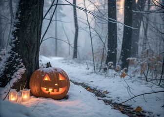 jack o lantern glowing in snow covered forest clearing