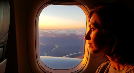 Golden Hour Flight: Woman Gazing at Sunset from Airplane Window
