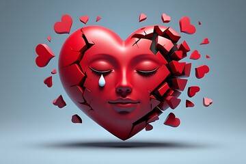 A vibrant red heart with a human face is depicted in the process of shattering with fragments of red heart shapes exploding outwards symbolizing heartbreak and emotional pain