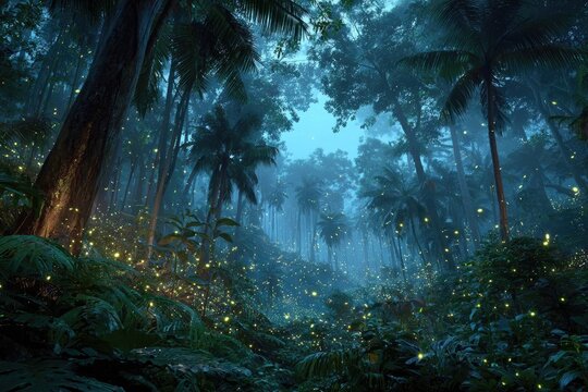 Glowing Fireflies Fluttering in Tropical Jungle at Night, Magical Scene - Powered by Adobe