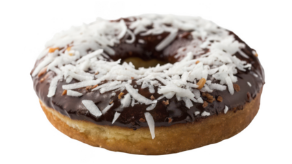 Delicious chocolate frosted donut with white coconut flakes isolated on transparent background